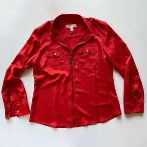 Michael Kors Blouse Women's Shirt Full Zip Red Roll Tab Size L